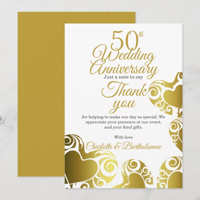 50th Wedding Anniversary Party Heart Thank You Card (Front/Back)