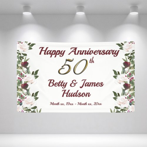 50th Wedding Anniversary Party White Roses Banner