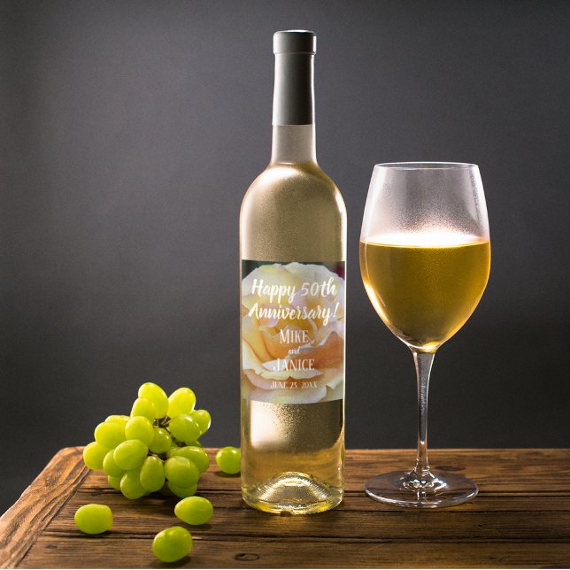 50th Wedding Anniversary Pastel Rose Personalized Wine Label (In Situ Glass of Wine)