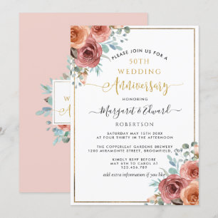 50th Wedding Anniversary, Peach and Mint Floral Invitation