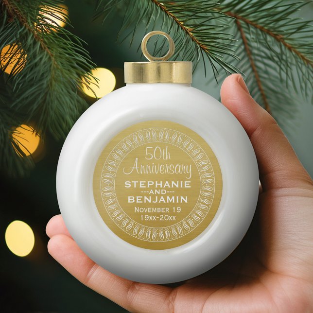 50th Wedding Anniversary Personalized gold Ceramic Ball Christmas Ornament (Personalized Wedding Anniversary Ornament)