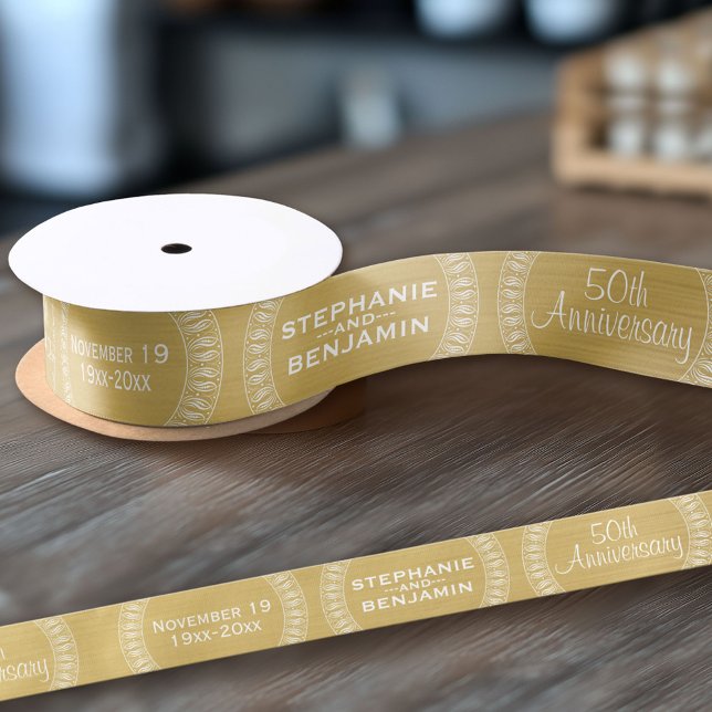 50th Wedding Anniversary Personalized gold Satin Ribbon (Custom Wedding Anniversary Ribbon)