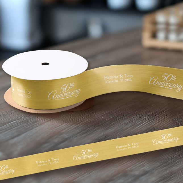 50th Wedding Anniversary Personalized Golden Satin Ribbon (Custom Wedding Anniversary Ribbon)