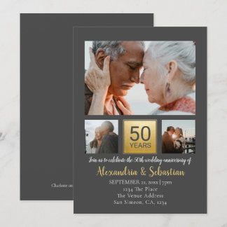 50th Wedding Anniversary Personalized Grey Gold Invitation