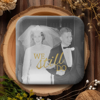 50th Wedding Anniversary Personalized Photo Golden Paper Plates by JustWeddings at Zazzle