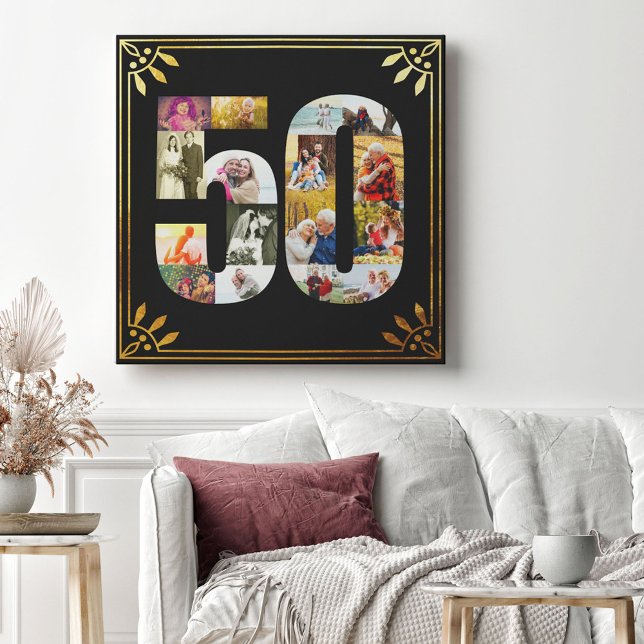 50th Wedding Anniversary Photo Black Gold Art Deco Canvas Print (Creator Uploaded)