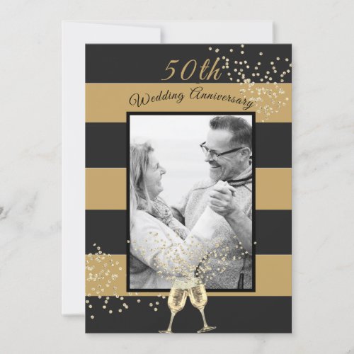 50th Wedding Anniversary Photo Black Gold Elegant Invitation