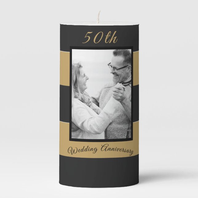 50th Wedding Anniversary Photo Black Gold Elegant Pillar Candle (Front)