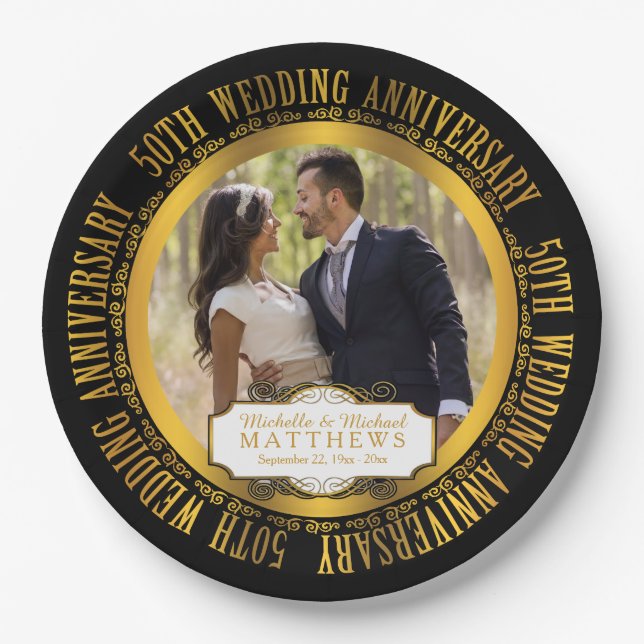 50th Wedding Anniversary Photo Black | Gold Tone Paper Plates (Front)
