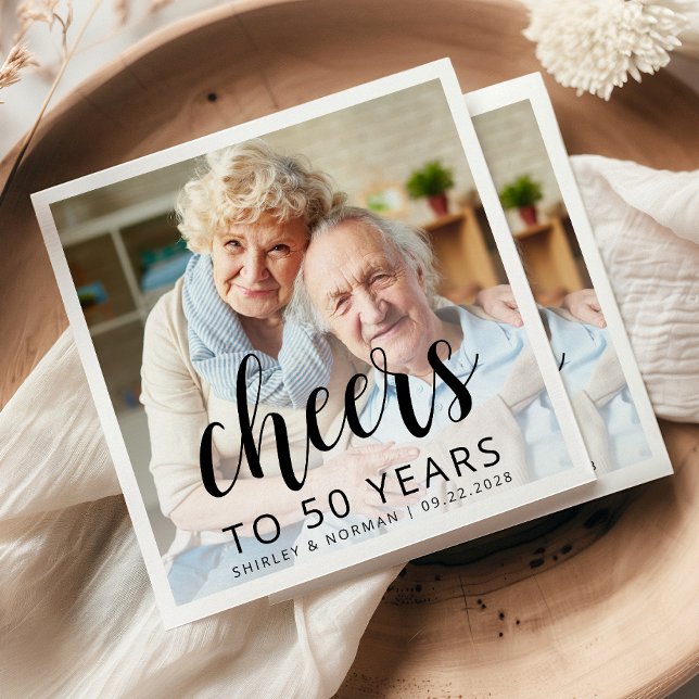 50th Wedding Anniversary Photo Black Script Cheers Napkins (Creator Uploaded)