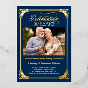 50th Wedding Anniversary Photo Blue Gold Foil Invitation