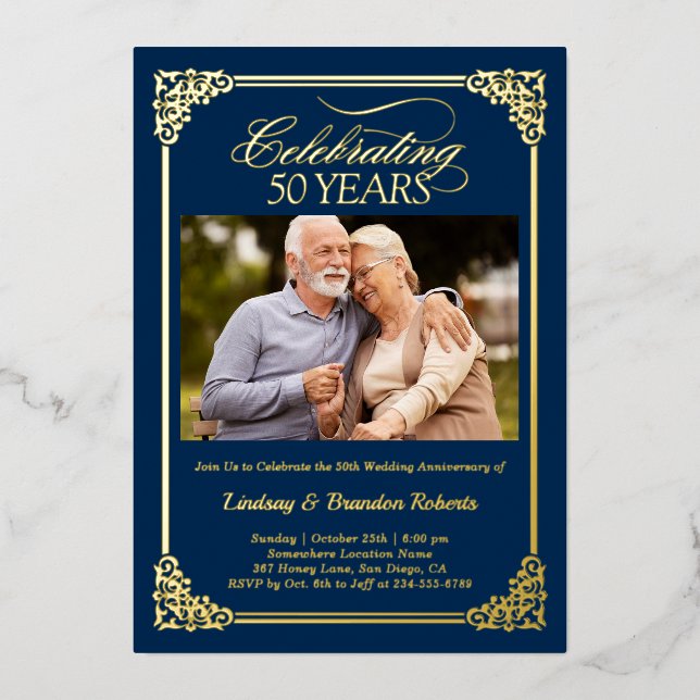 50th Wedding Anniversary Photo Blue Gold Foil Invitation (Front)