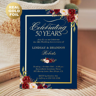 50th Wedding Anniversary Photo Blush Red Floral Foil Invitation