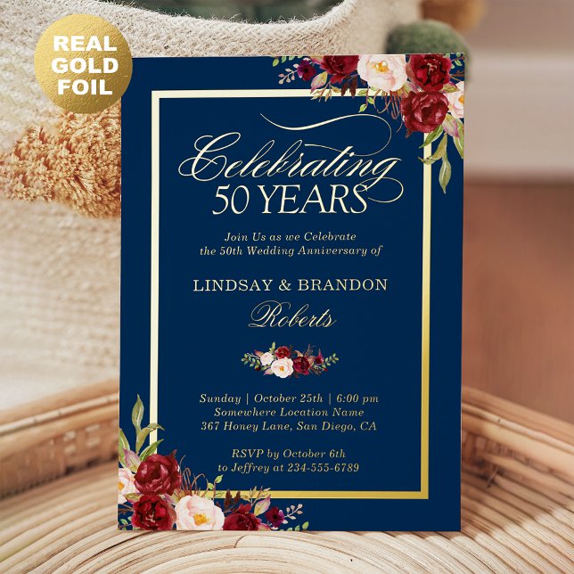 50th Wedding Anniversary Photo Blush Red Floral Foil Invitation (Creator Uploaded)