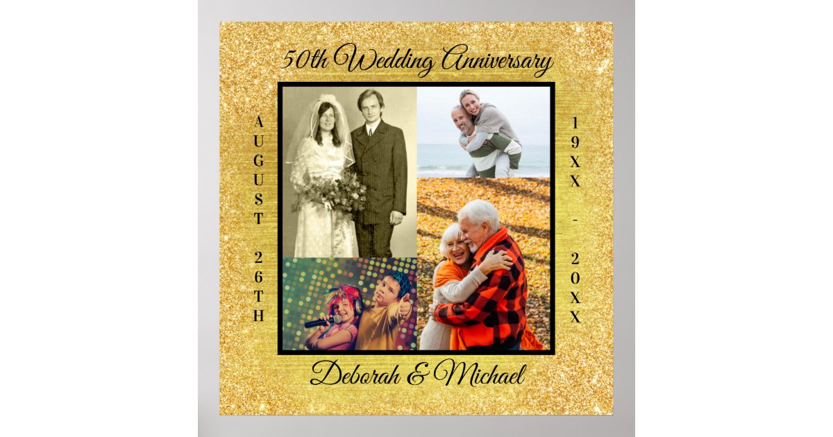 50th Wedding Anniversary Photo Collage Gold Poster