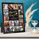 50th Wedding Anniversary Photo Collage Plaque<br><div class="desc">Elegant 50th anniversary picture memory plaque featuring a black background that can be changed to any color,  16 photos of your choice,  gold glitter corners,  a sparkly centrepiece border & heart,  the words "cheers to 50 years",  two drinks glasses,  and the names of the happily married couple.</div>