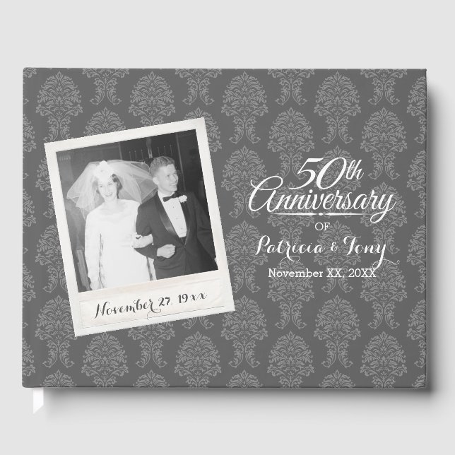 50th Wedding Anniversary Photo Damask Pattern Guest Book (Front)
