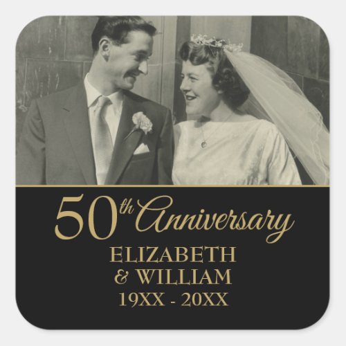 50th Wedding Anniversary Photo Elegant Gold Black Square Sticker