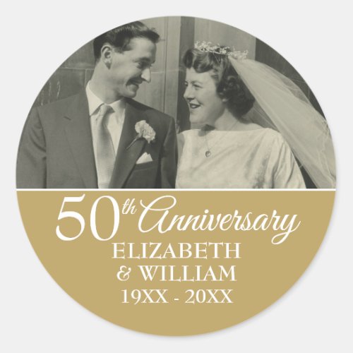 50th Wedding Anniversary Photo Elegant Golden Classic Round Sticker