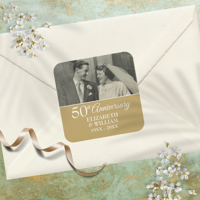 50th Wedding Anniversary Photo Elegant Golden Square Sticker (50th Wedding Anniversary Photo Elegant Golden Square Sticker)