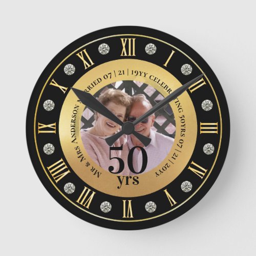 50th Wedding Anniversary PHOTO Gift Golden Jubilee Round Clock