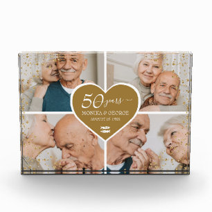 50th Wedding Anniversary Photo Gold Glitter Heart Block