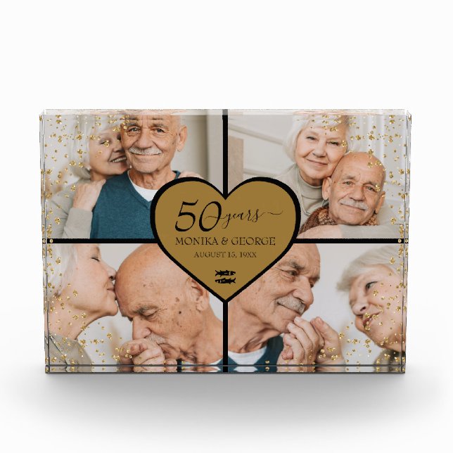 50th Wedding Anniversary Photo Gold Glitter Heart Block (Front)