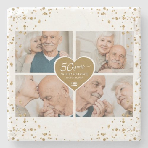 50th Wedding Anniversary Photo Gold Glitter Heart Stone Coaster