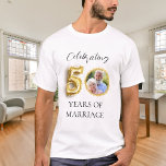 50th wedding anniversary photo gold guy T-Shirt<br><div class="desc">For a white/light colored t-shirt.  Personalize and add your photo.  Text: Celebrating 50 years of marriage.  Number 5 is written with a balloon style font.  Faux gold looking photo frame.</div>