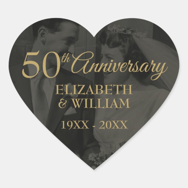 50th Wedding Anniversary Photo Gold Text Heart Sticker (Front)