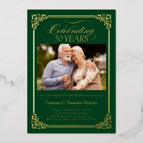 50th Wedding Anniversary Photo Green Gold Foil Invitation