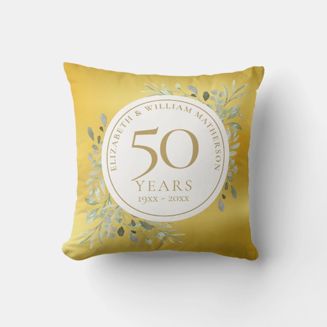 50th Wedding Anniversary Photo Greenery Gold Foil Throw Pillow (Front)