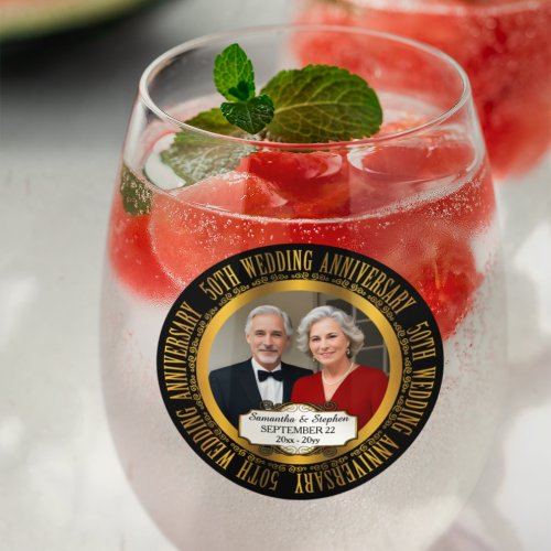 50th Wedding Anniversary Photo Names Date Stemless Wine Glass