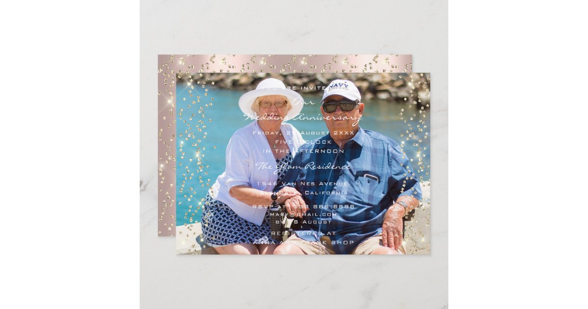 50th Wedding Anniversary Photo Rose Gold Confetti Invitation | Zazzle