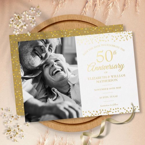 50th Wedding Anniversary Photo Save the Date Gold Foil Invitation