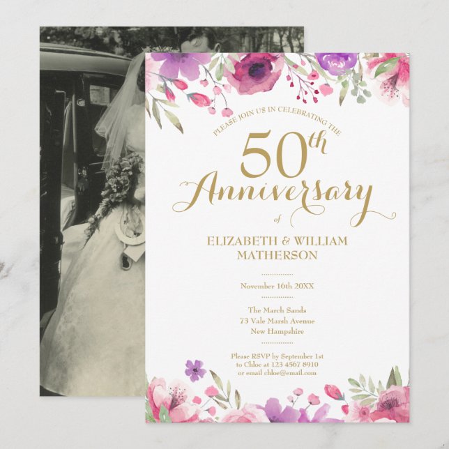 50th Wedding Anniversary Photo Watercolor Roses Invitation (Front/Back)