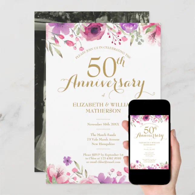 50th Wedding Anniversary Photo Watercolor Roses Invitation | Zazzle