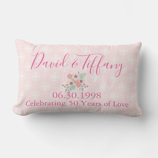 50th Wedding Anniversary Pink and Silver Lumbar Pillow (Front)