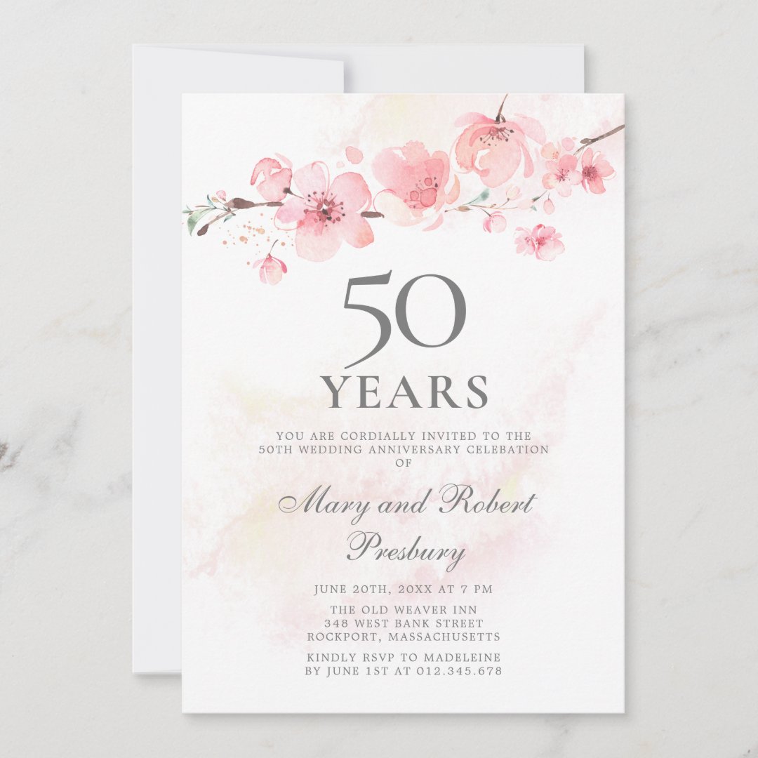 50th Wedding Anniversary Pink Cherry Blossom Invitation | Zazzle