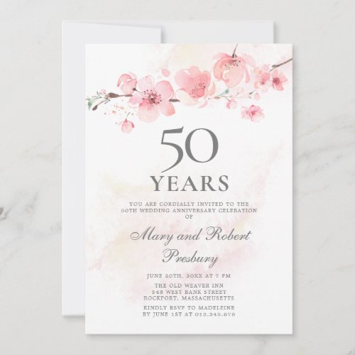 50th Wedding Anniversary Pink Cherry Blossom Invitation