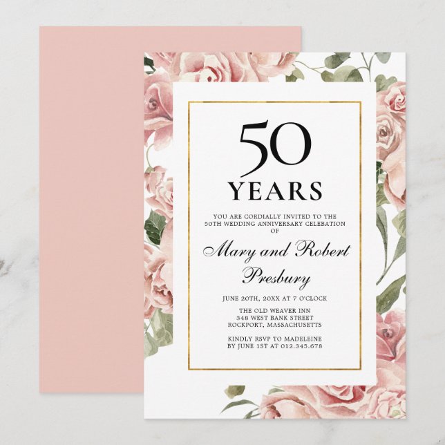 50th Wedding Anniversary Pink Rose Floral Invitation (Front/Back)