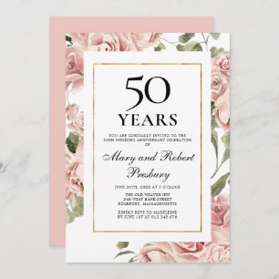 50th Wedding Anniversary Pink Rose Floral Invitation