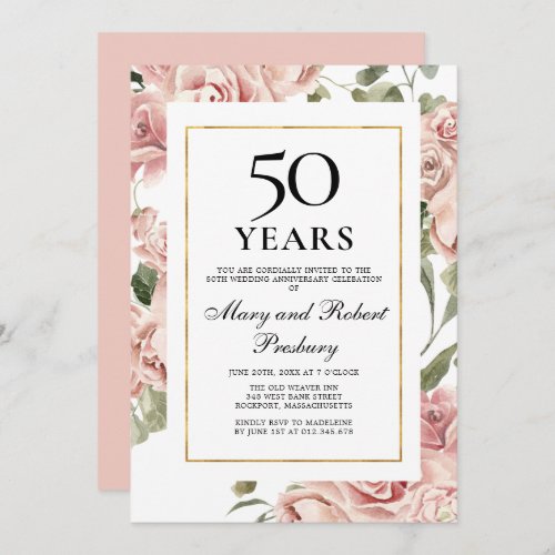 50th Wedding Anniversary Pink Rose Floral Invitation