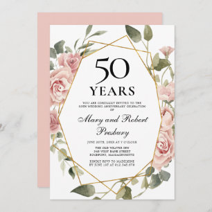 50th Wedding Anniversary Pink Rose Floral Invitation