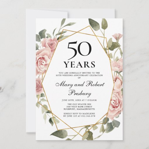 50th Wedding Anniversary Pink Rose Floral Invitation | Zazzle