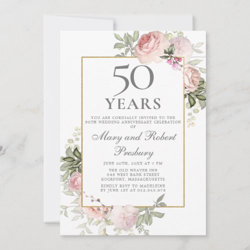 50th Wedding Anniversary Pink Rose Floral Invitation
