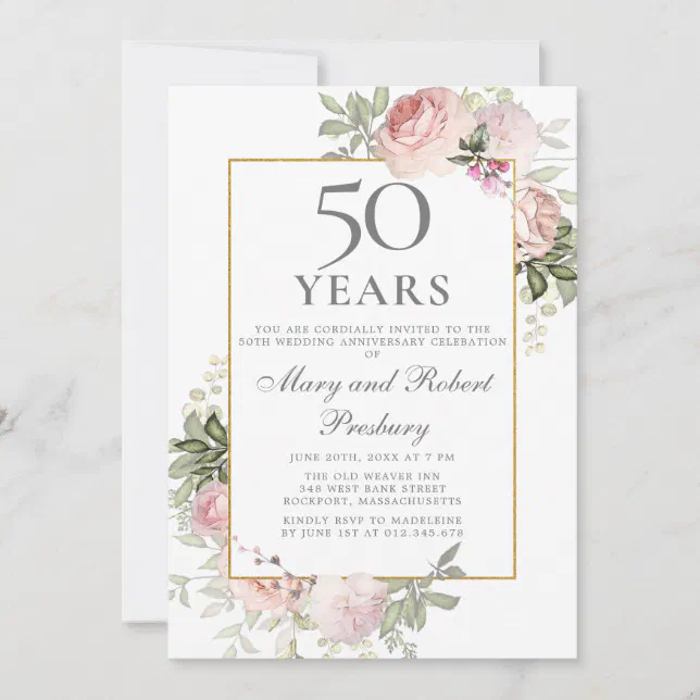 50th Wedding Anniversary Pink Rose Floral Invitation | Zazzle