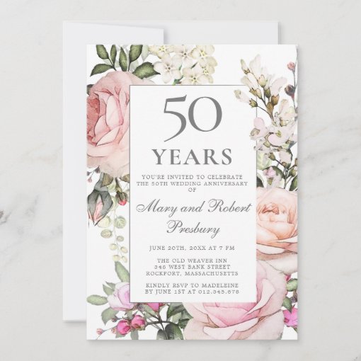 50th Wedding Anniversary Pink Rose Floral Invitation | Zazzle