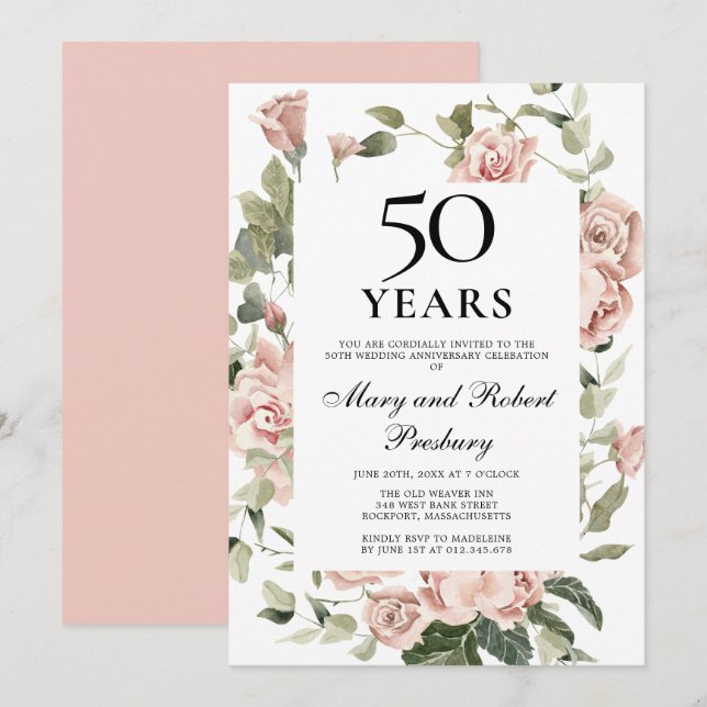 50th Wedding Anniversary Pink Rose Floral Invitation (Front/Back)