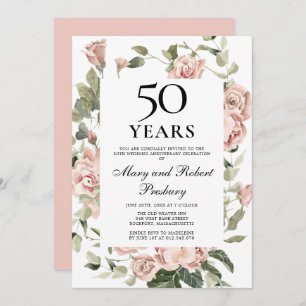 50th Wedding Anniversary Pink Rose Floral Invitation